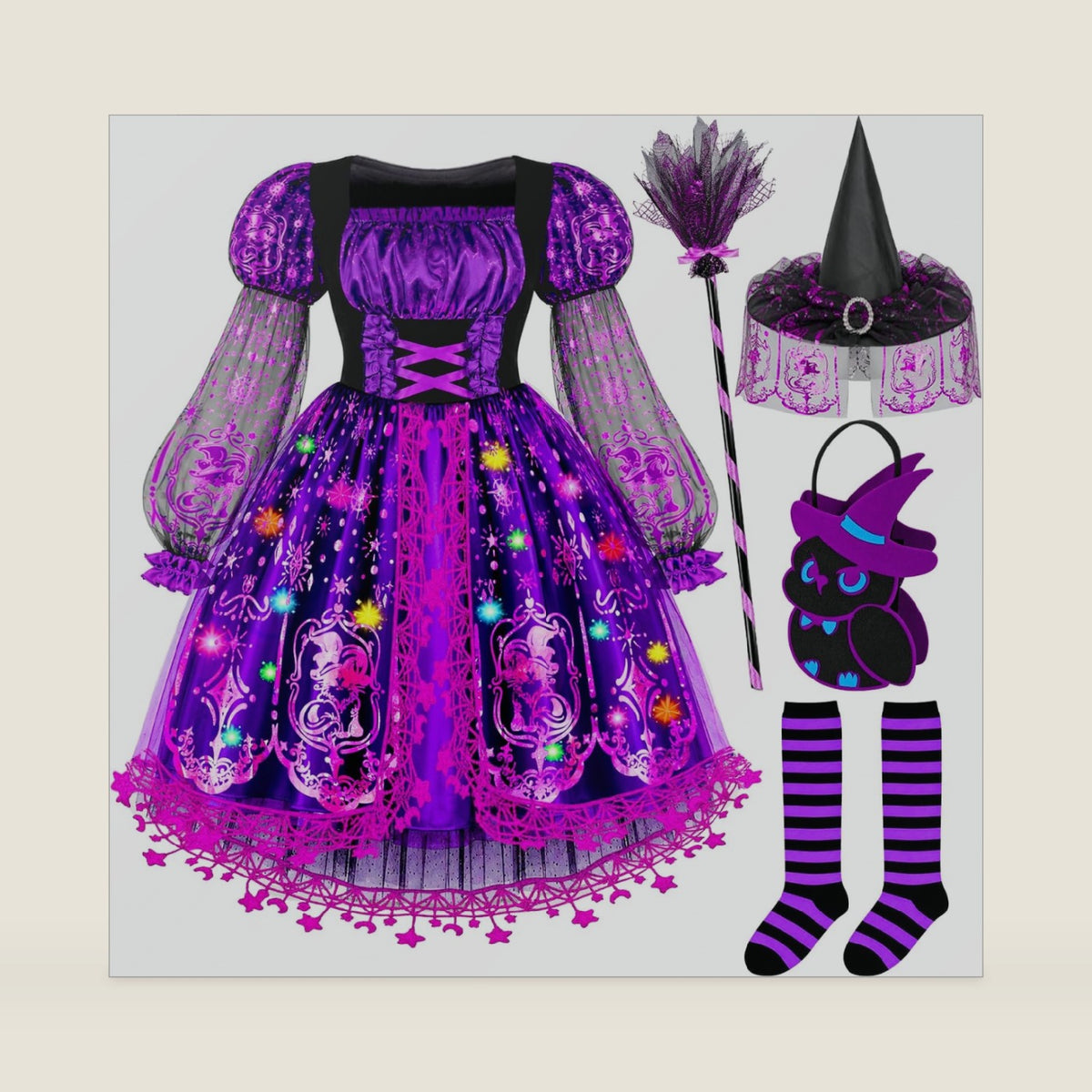 Witch Costume for Girls, Light Up Halloween Costume for Kids 3-10