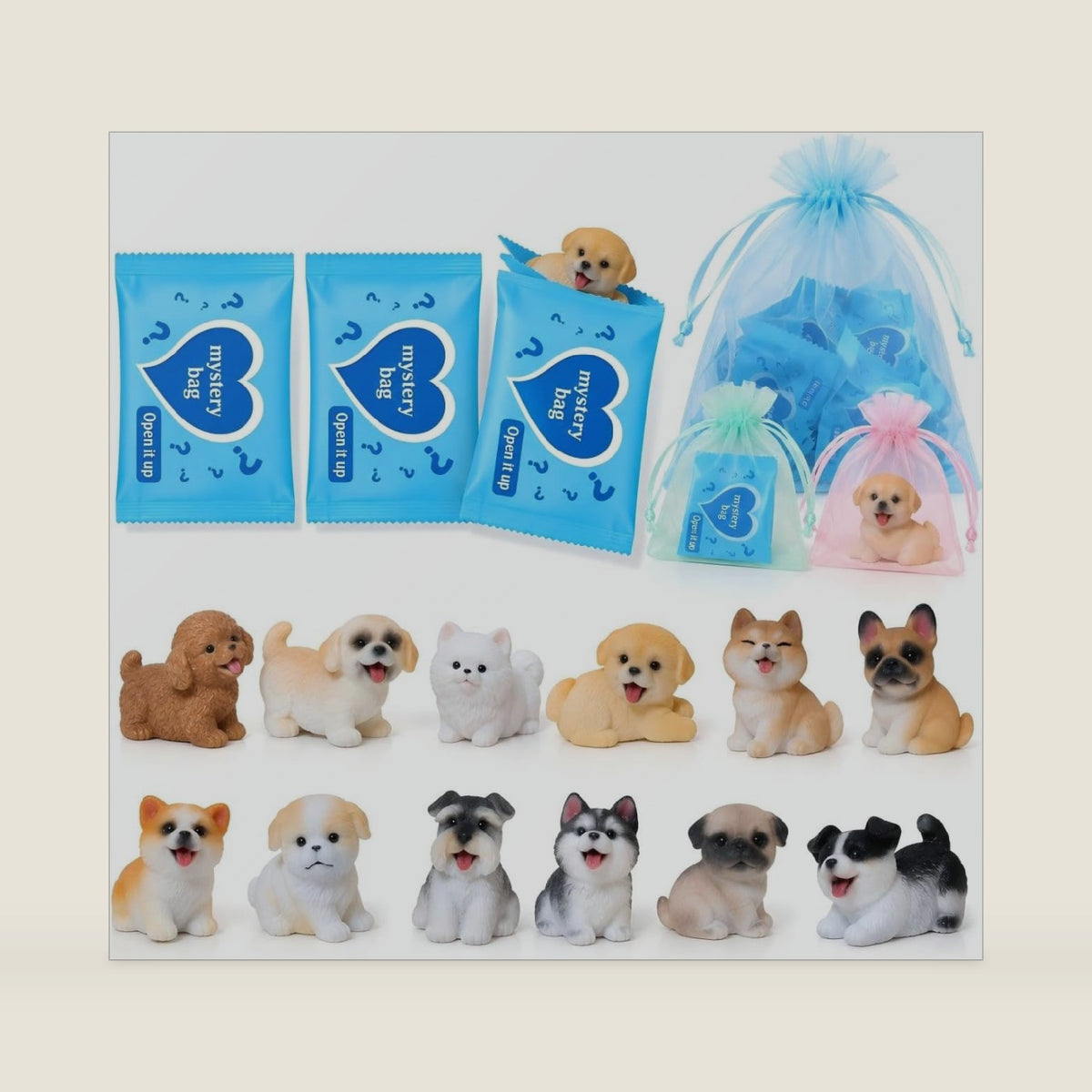 12 Mini Dog Blind Bags, 12 Unique Resin Puppy Figurines, No Duplicates