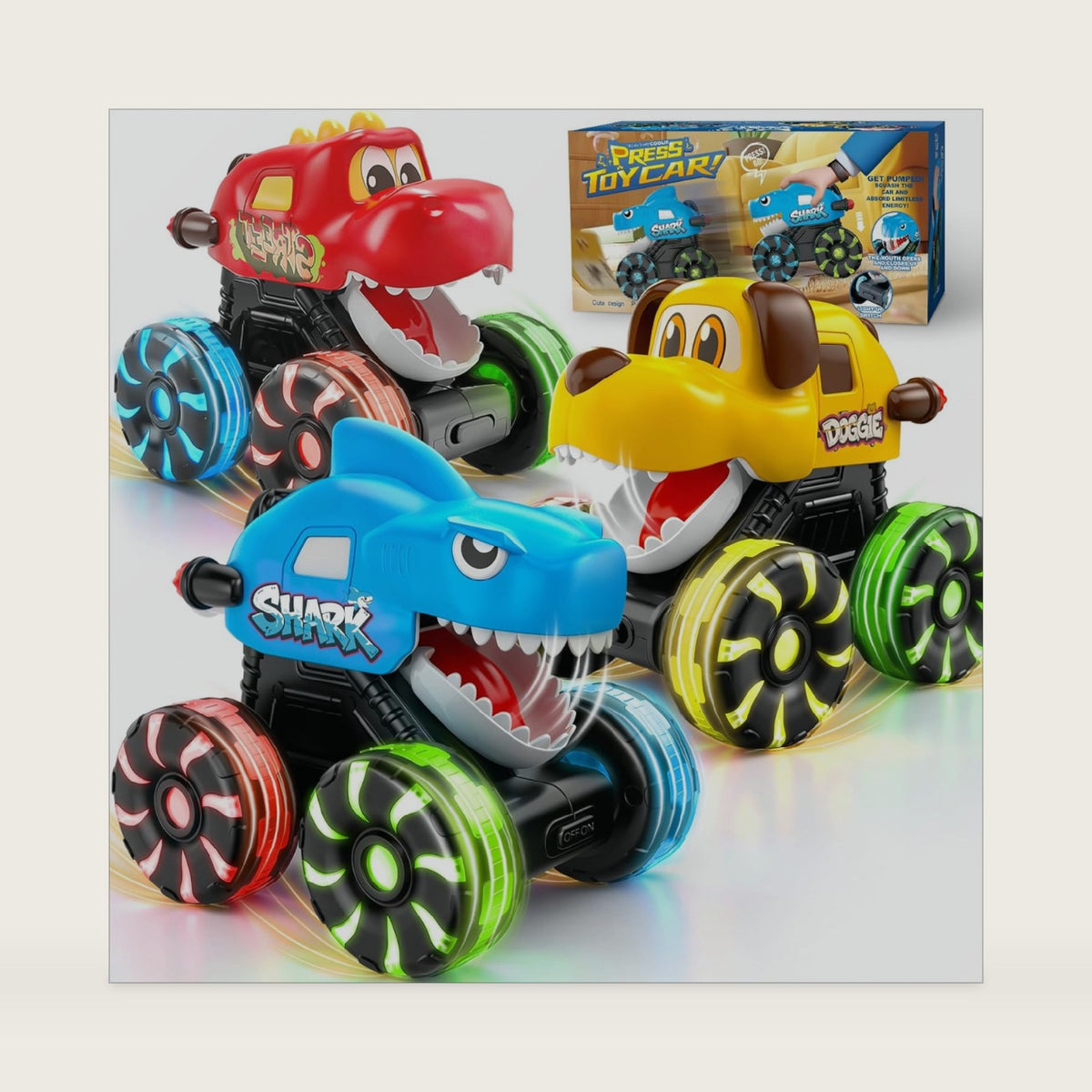 Intoypad 3 Pack Monster Truck Toys for Kids Toddler, Shark Dog Dinosaur Press & Go Light Up Wheels Car Toys Mouth Truck Toy for 2 3 4 5 6 7 8 Years Old Boys Girls Baby Christmas Birthday Gifts
