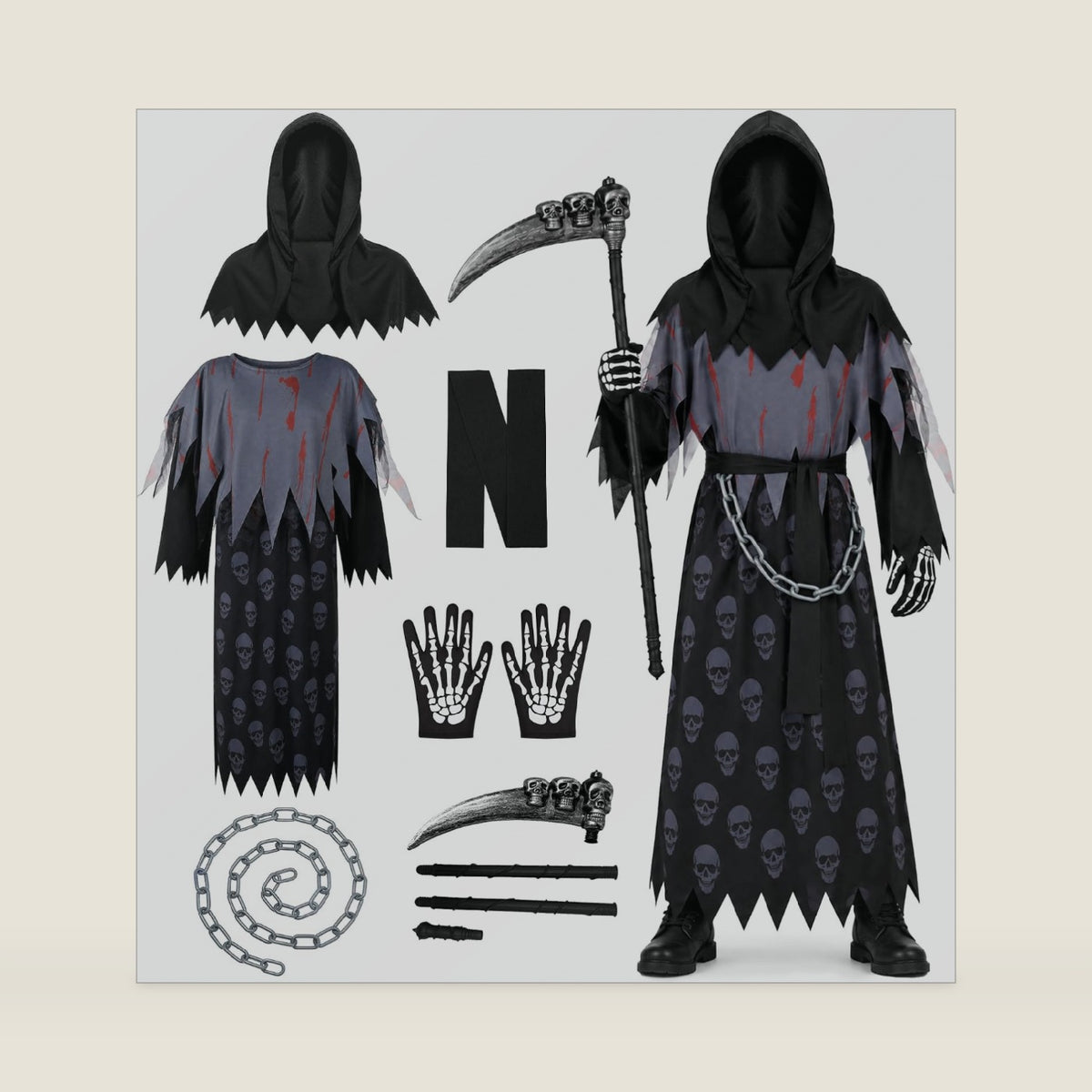 6 PCS Grim Reaper Costume for Kids, Scary Halloween Costume for Boys