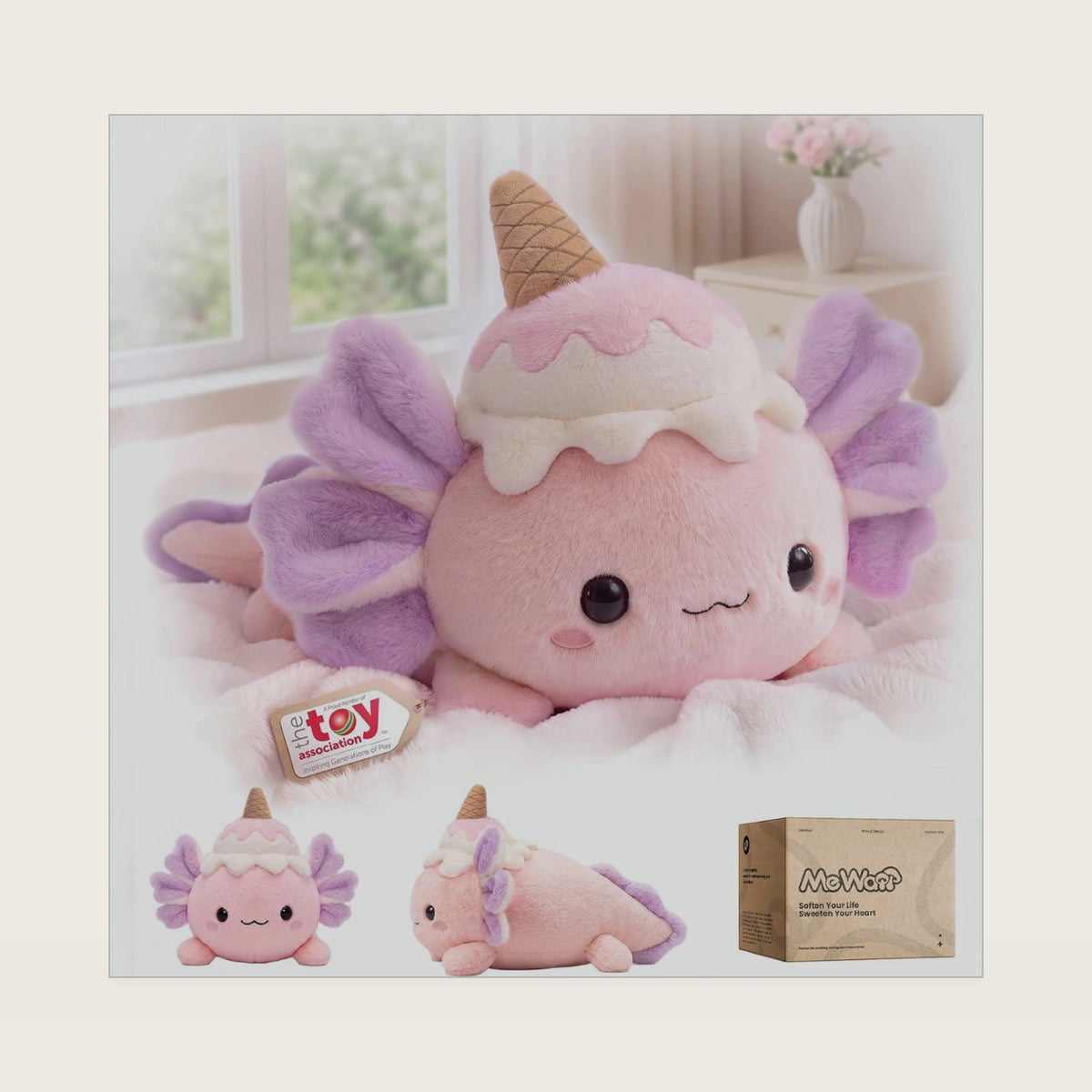 Mewaii Ice Cream Axolotl Plush Pillow, Squishy & Huggable Plushies, 13 in