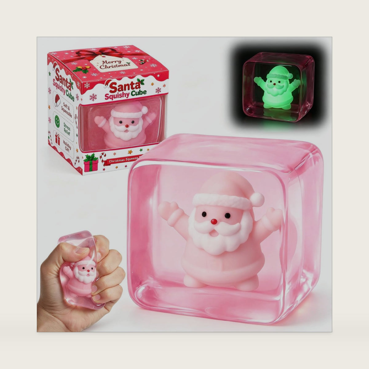 Squishy Cube, Glow in The Dark Squishy Santa Stress Cube, Sensory Squeeze Fidget Toys for Anxiety Relief, Christmas Party Favors for Adults, Stocking Stuffers