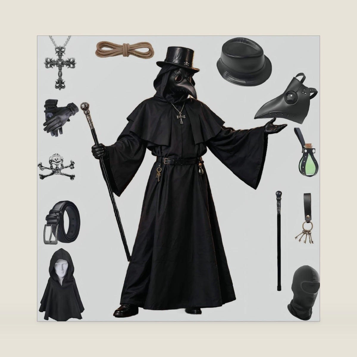 Adult Plague Doctor Costume Set, 13 Piece,Halloween Costume,Plague Doctor Black
