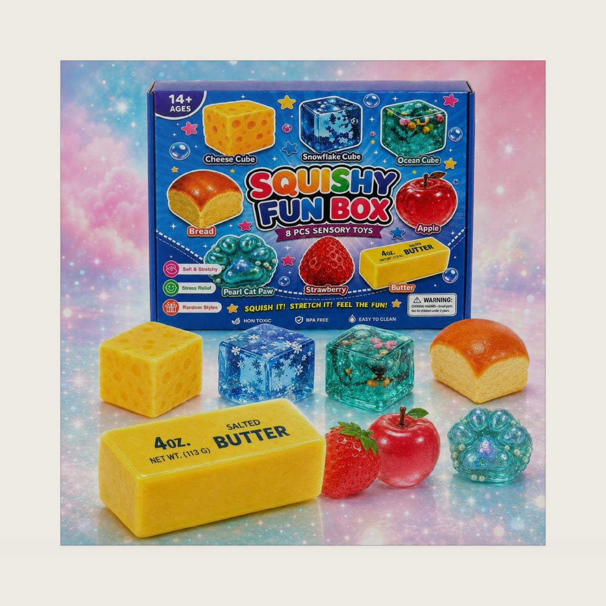 8Pcs Squishy Fun Box Set, 2026 Squeeze Fidget Kit with Big Mini Real Squishies, Soft Stretchy Sensory Pack for Adults Teens Anxiety Stress Relief, Cute Desk Decor & Surprise Holiday Birthday Gift