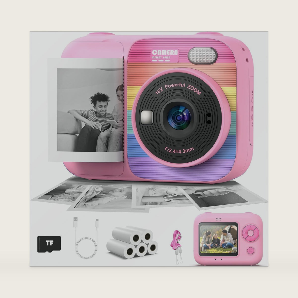 Kids Instant Print Camera with 5 Rolls Print Paper, 1080P HD Camera, Rechargeable Portable Toddler Selfie Camera, Christmas Birthday Gifts Toys for Boys Girls Age 3-12 (PINK-02)