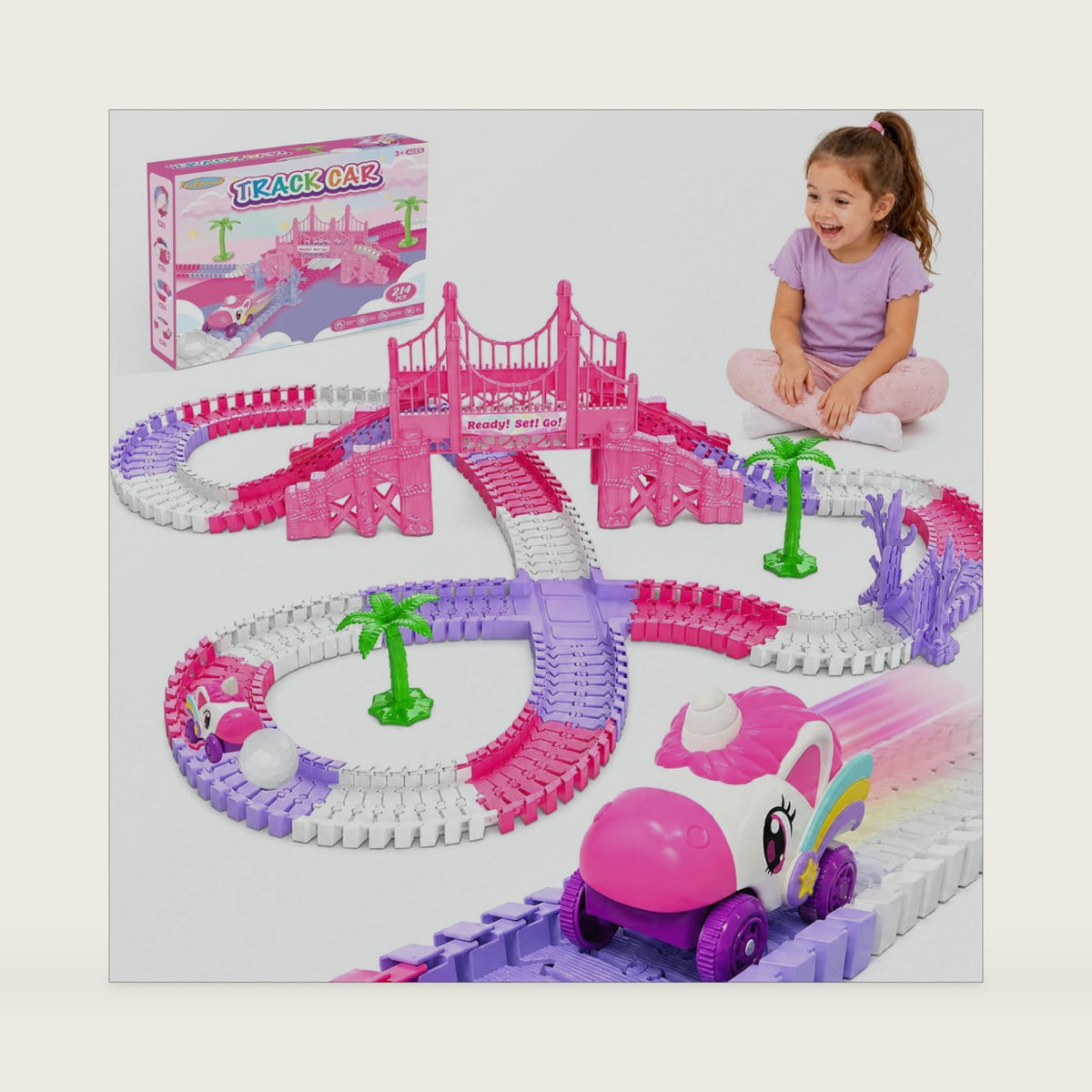 Race Car Tracks Toy Set for Girls Age 3-8, 214PCS Pink Princess Train Set