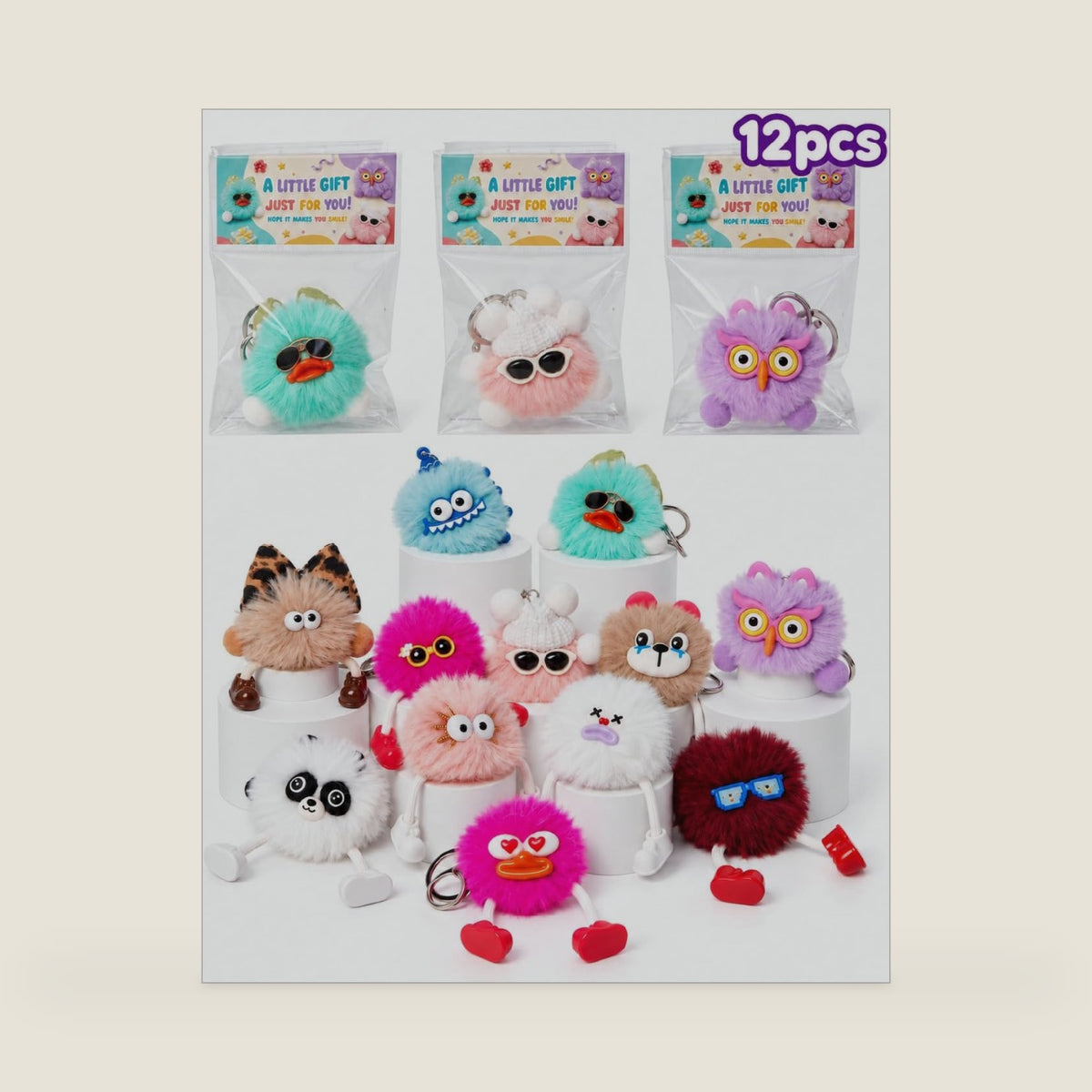12 Pack Plush Keychains with Gift Bags & Cards, Cute Party Favors for Kids