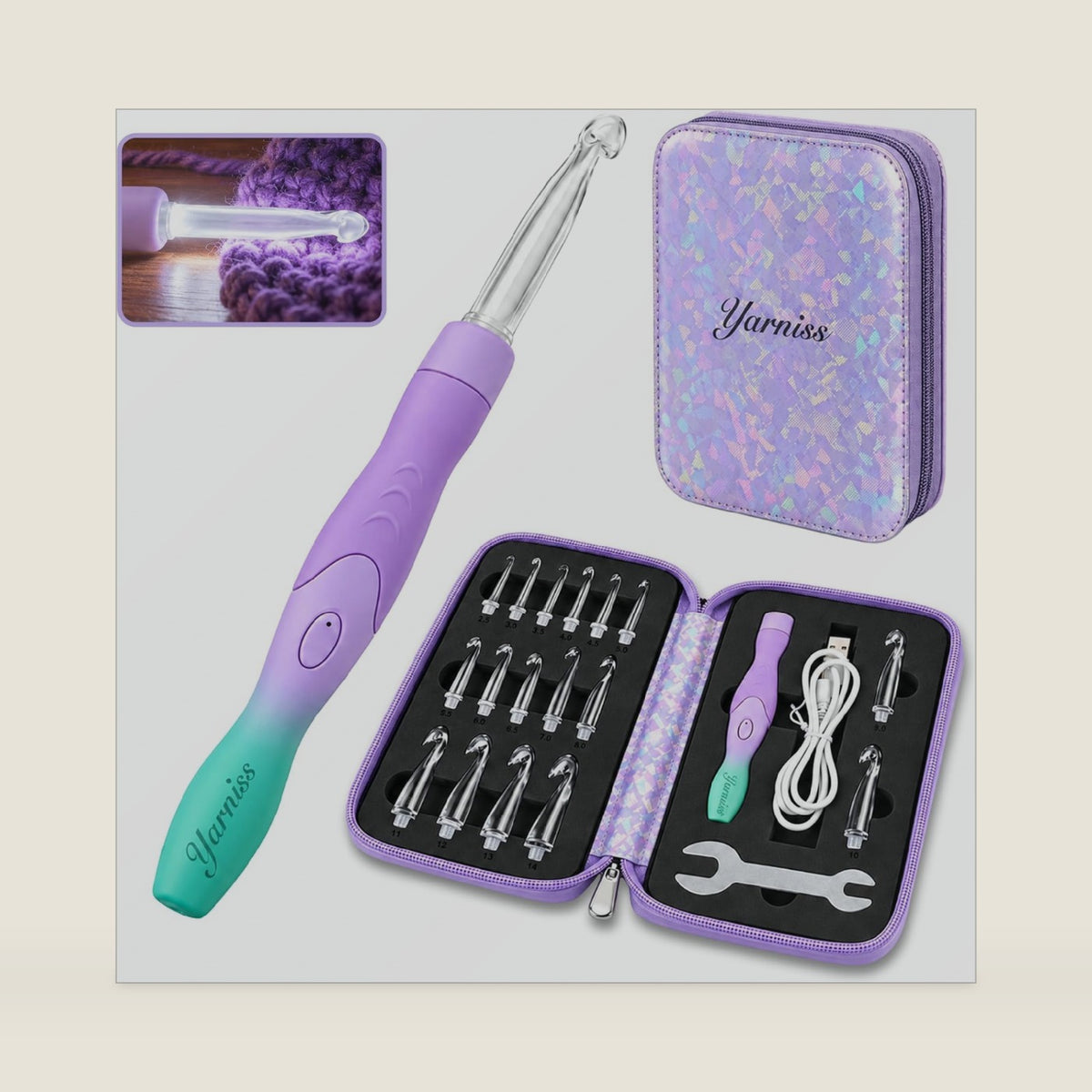Yarniss 17 in 1 Lighted Crochet Hook Set with Screw Knob Handle 2.5~14mm