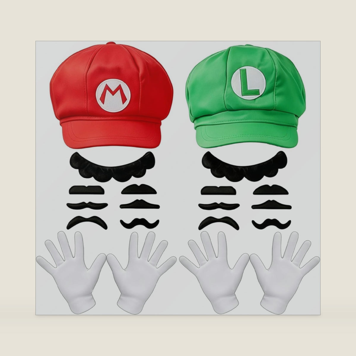 Mario Hats Accessories Set, Halloween Cosplay Costume Kit with Caps, Mustaches, Suspenders, Gloves and Buttons