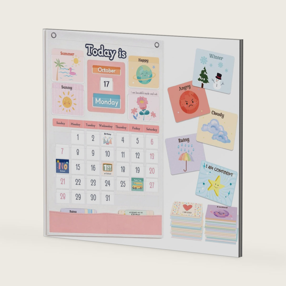 All-in-One Calendar, Weather, Feelings & Affirmation Pocket Chart,Visual Schedule for Classroom & Homeschool, Daily Weather Season Date Cards, Social Emotional Learning Supplies,Wall Hanging