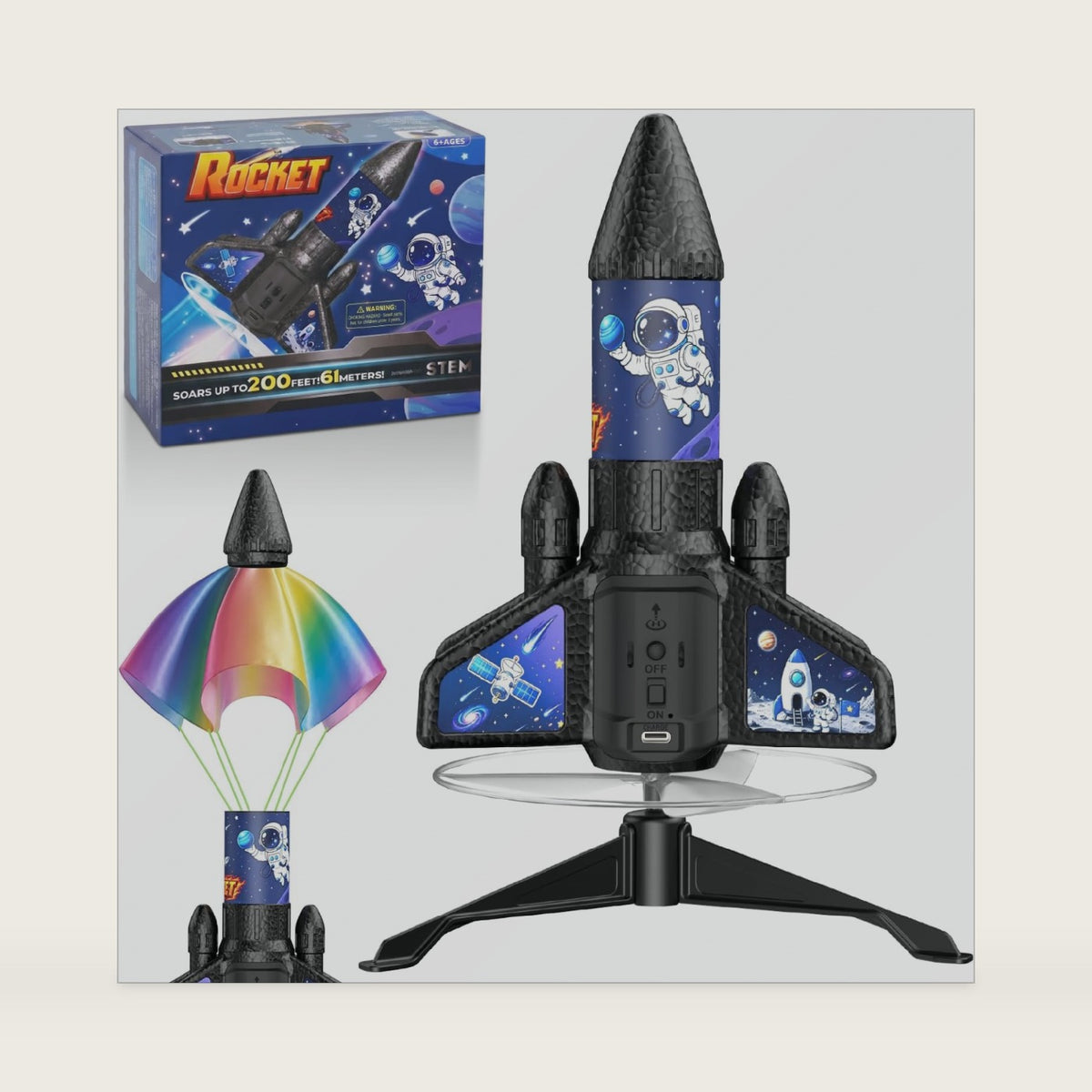 Rocket Launcher for Kids, Auto-Launch Rocket Toy, 200Ft with LED Parachute
