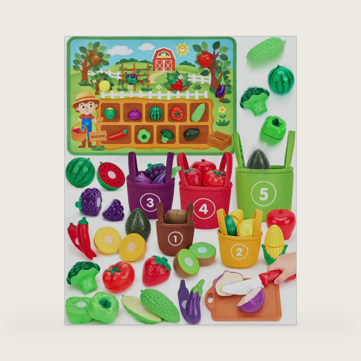 hahaland Farm Sorting Play Food Toy Cutting Fruits Set with Play Mat Age 2+