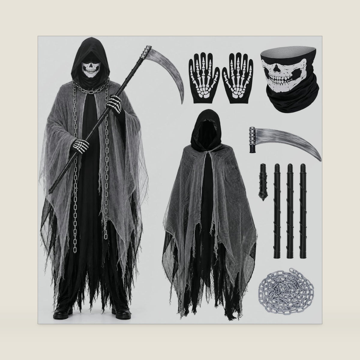 Grim Reaper Costume, 5 Pcs Halloween Set with Scythe, Mask & Gloves