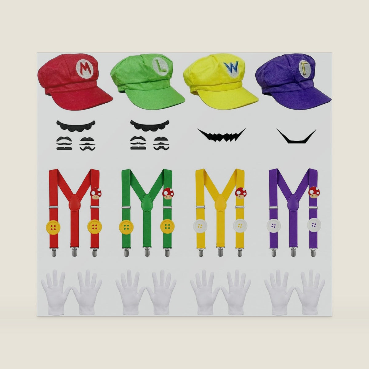 4-Person Super Bros Costume Accessories Set – Include Red/Green/Yellow/Purple Hats, Adjustable Suspenders, White Gloves, Self-Adhesive Mustaches, Buttons & Brooches for Halloween Cosplay Theme Parties