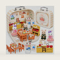Dollhouse Kitchen Furniture Suitcase Set for Kids, 2 Flexible Animal Dolls