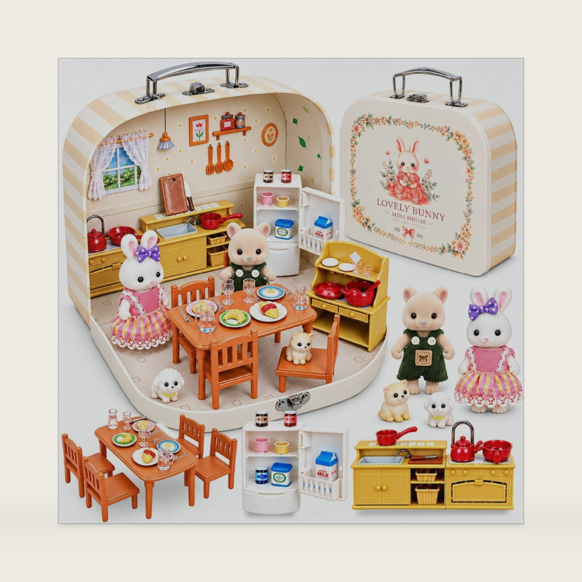 Dollhouse Kitchen Furniture Suitcase Set for Kids, 2 Flexible Animal Dolls