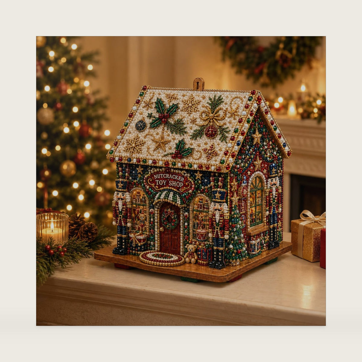 3D Christmas House Diamond Painting Kit for Adults, Wooden Pearl Art Craft