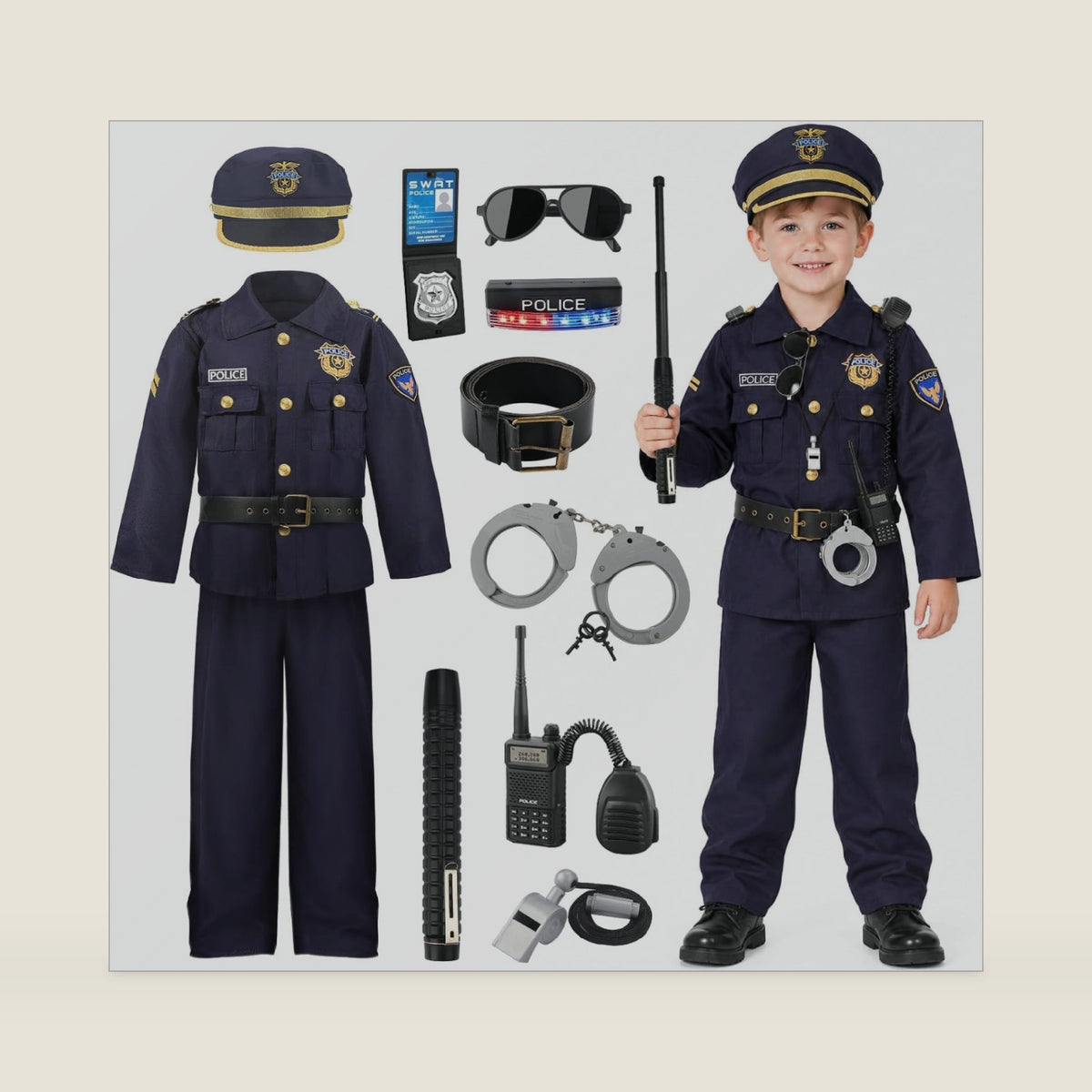 Liberry Police Officer Costume Dress-Up Toy for Kids Ages 4-10, 11-Piece