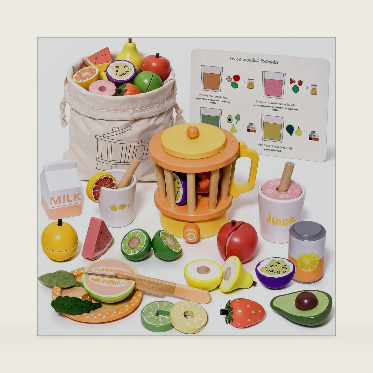 Toywoo Wooden Play Food Set, Kids Kitchen Toy Blender, Pretend Food Playset