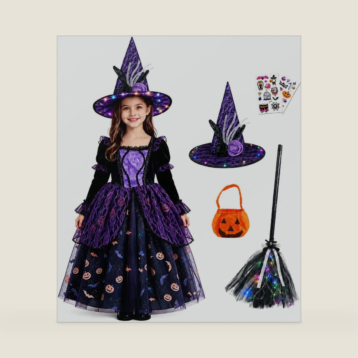 Girls Halloween Costume Set with Themed Accessories for Ages 3-8