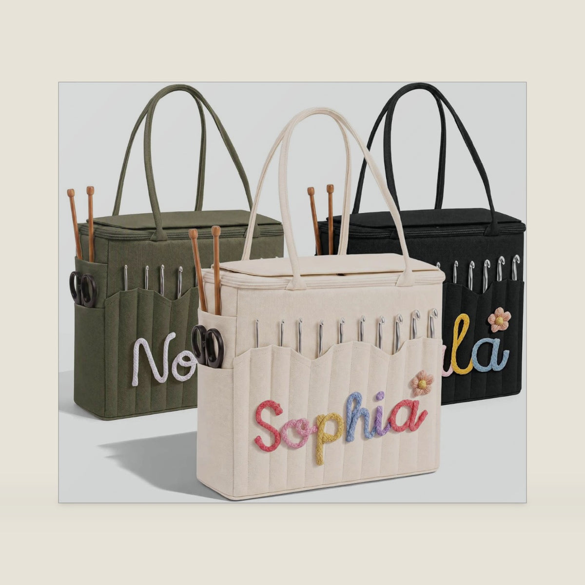 Personalised Canvas Yarn Tote Bag, Crochet Storage Bag with Custom Name