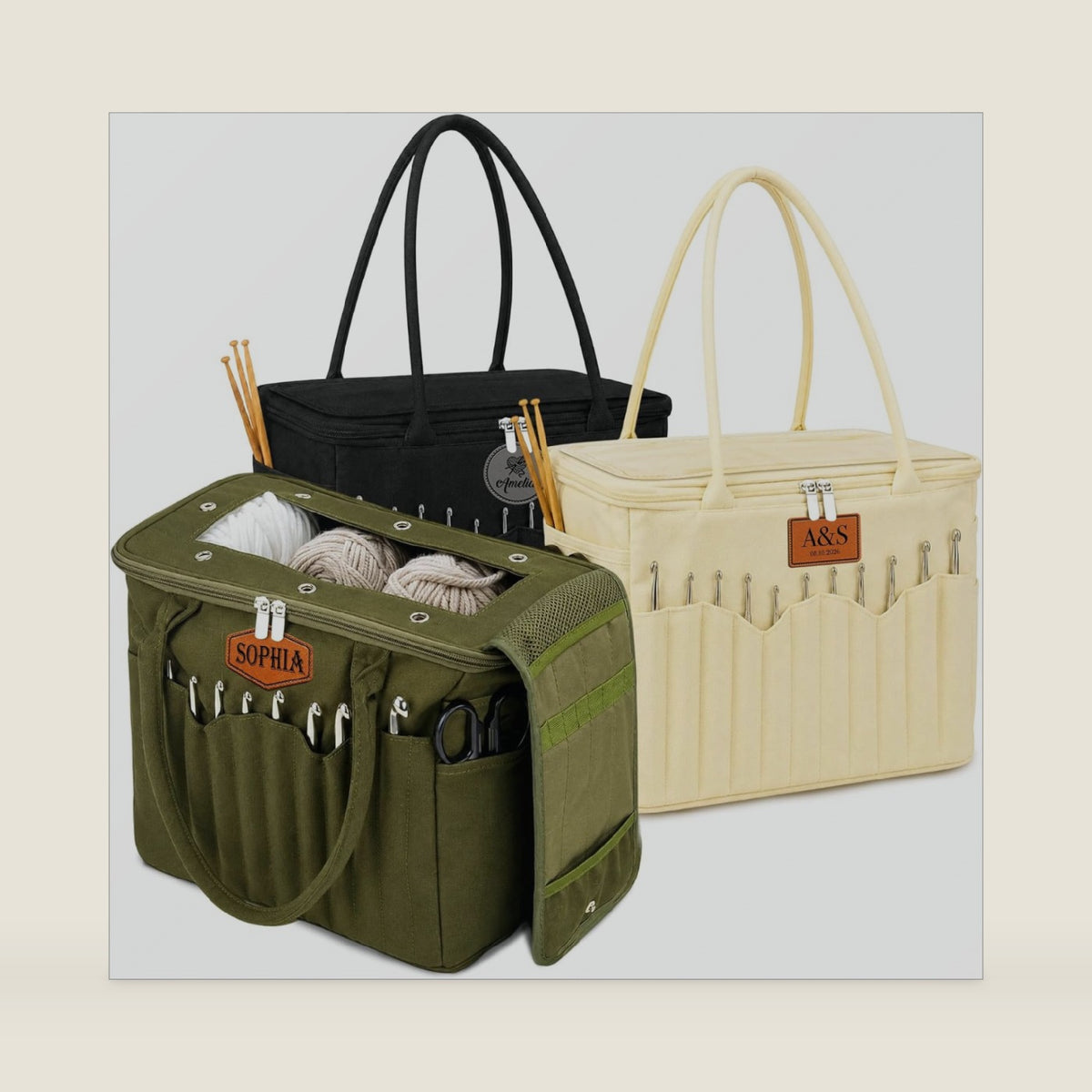 DYOART Personalized Knitting Bag with Name Leather Patch, Yarn Storage Bag