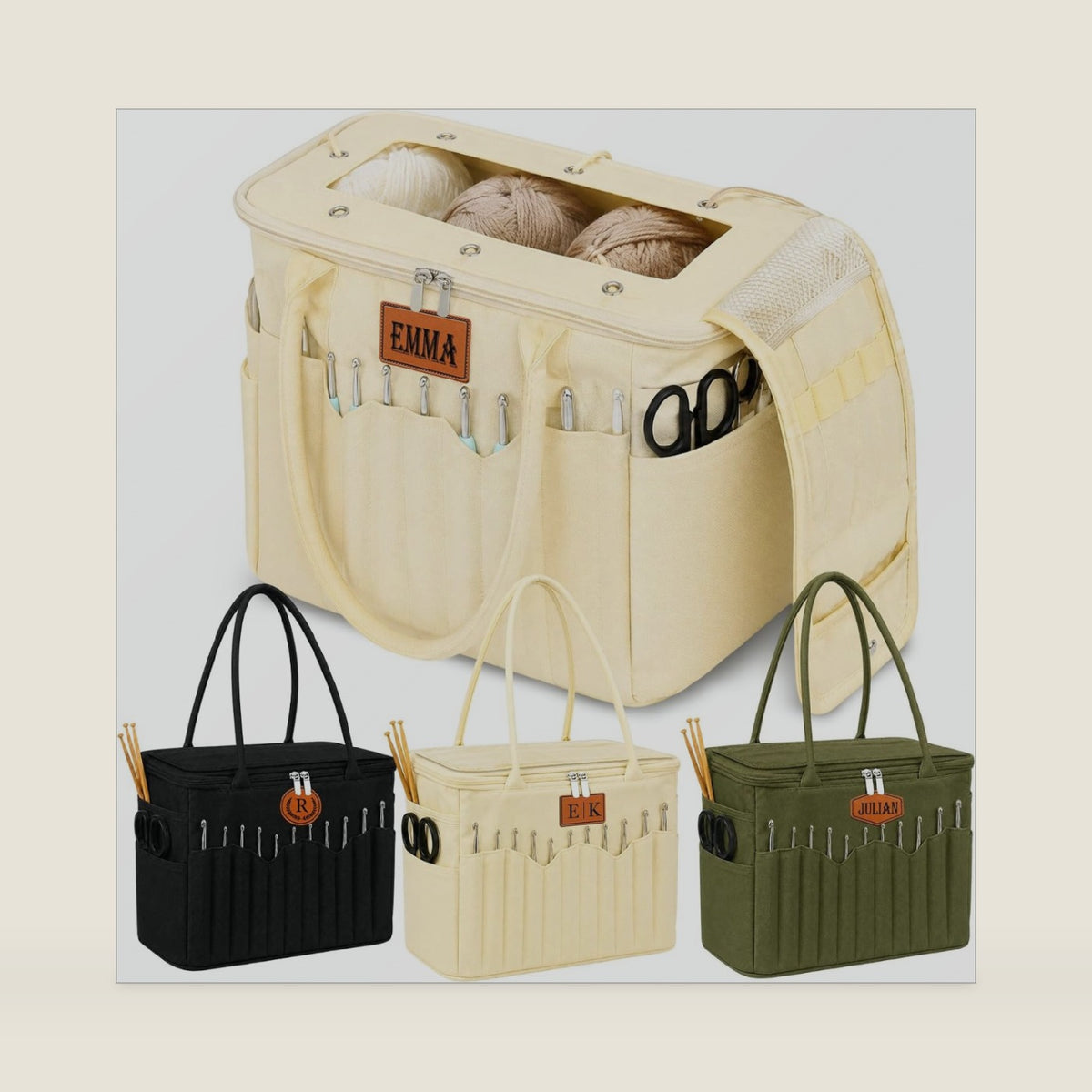 Personalized Crochet Bag Organizer with Name Leather Patch, Canvas Yarn Bag