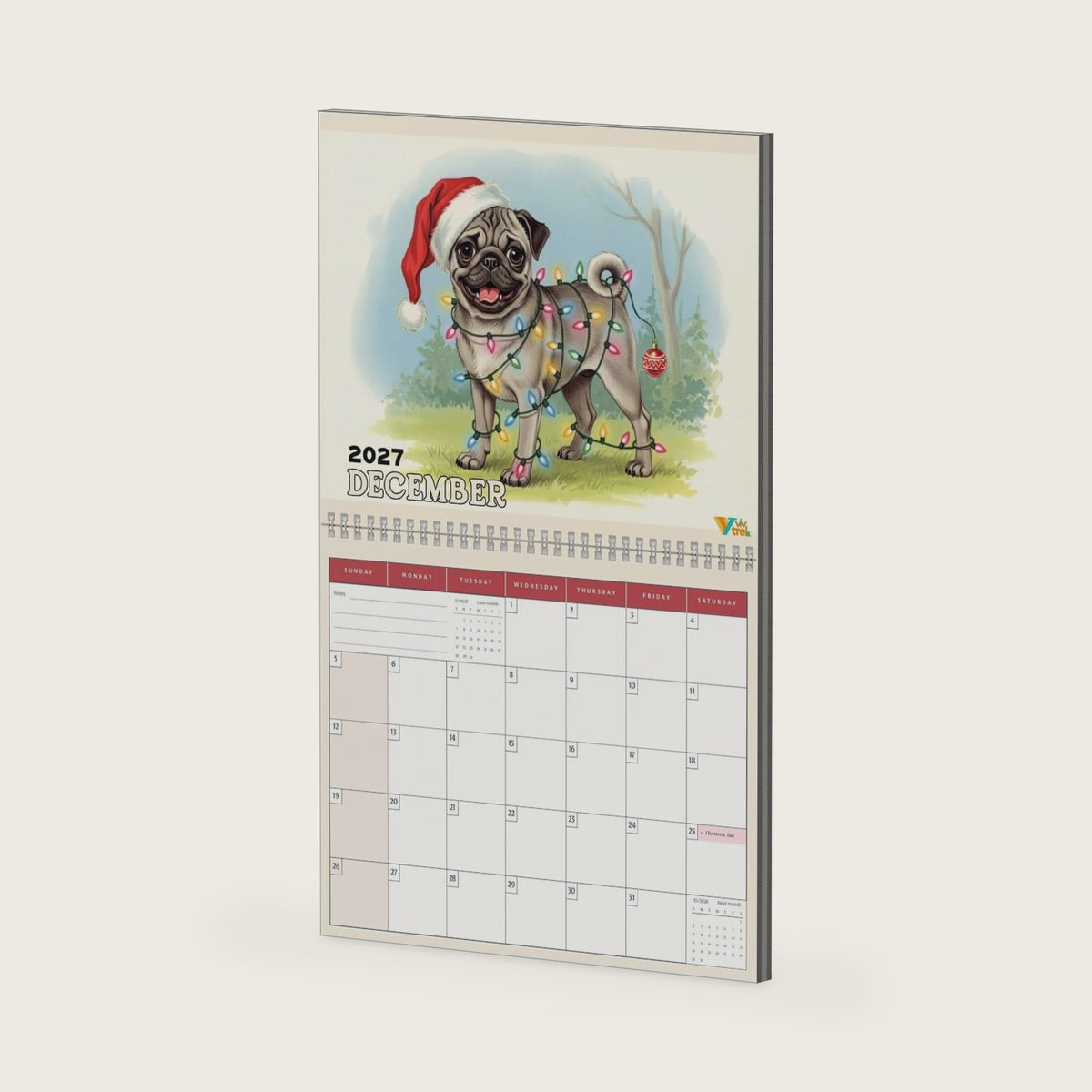 2027 Pug Desk and Wall Calendar, Cute Seasonal Dog Monthly Planner, Pug Lover Pet Owner Gift, Puppy Art Office Room Decor