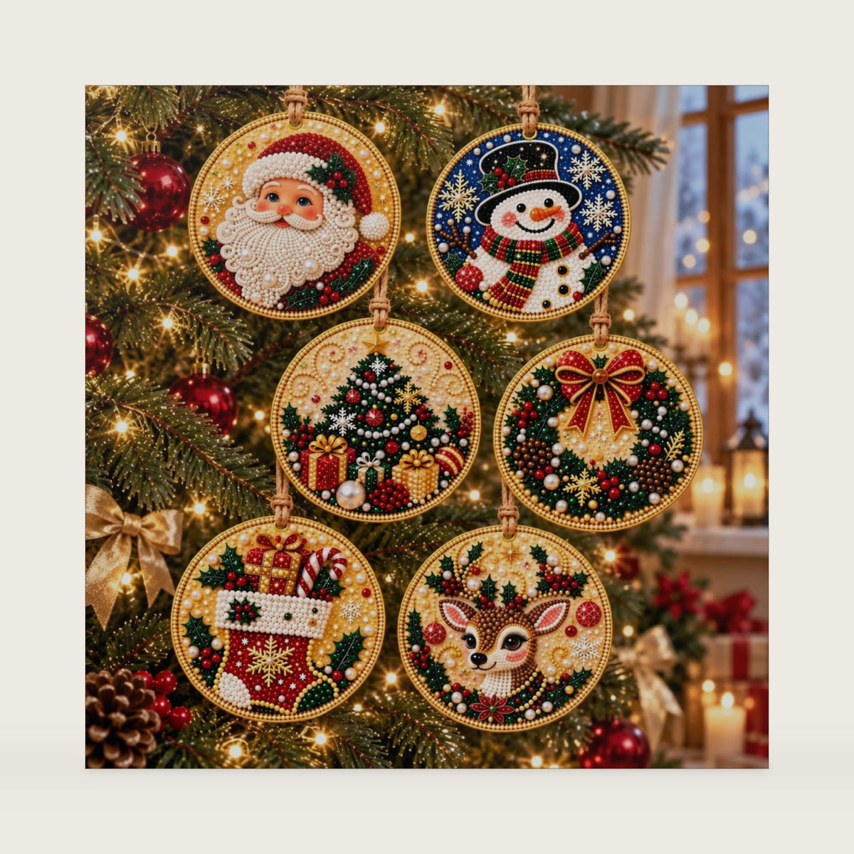 6 PCS DIY Pearl Diamond Art Kits for Adults, Wooden Christmas Ornaments
