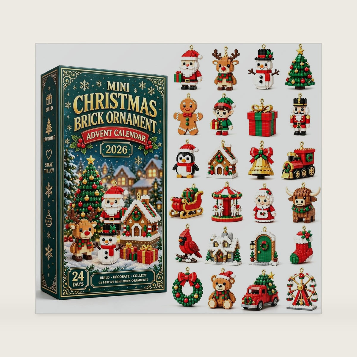 24-Day Mini Christmas Brick Ornament Advent Calendar，1set