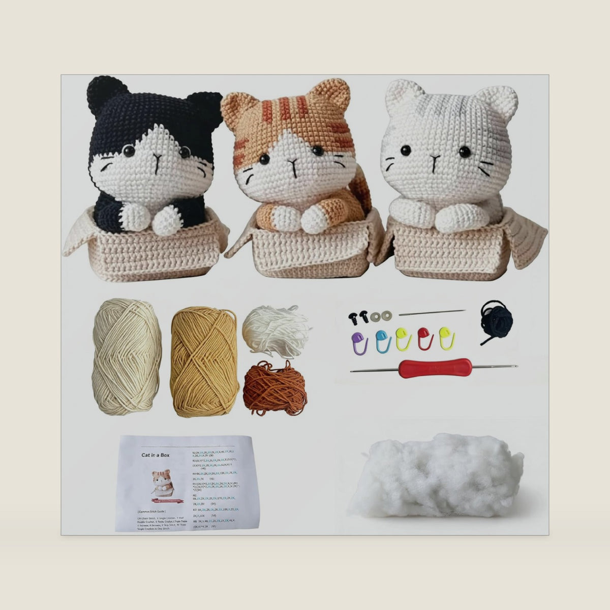 Crochet Kit for Beginners, 3pcs Cat Amigurumi Kit, DIY Knitting Craft Set