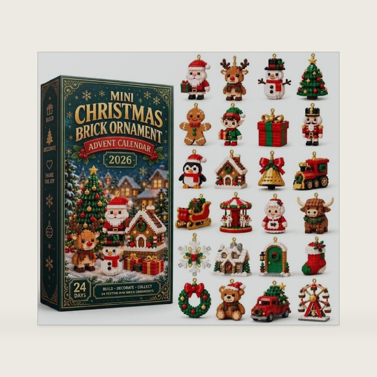 Christmas Advent Calendar with 24 Mini Building Block Ornaments, 24 Days Countdown to Christmas Blind Box Set, Holiday Festive Tree Decorations Gift