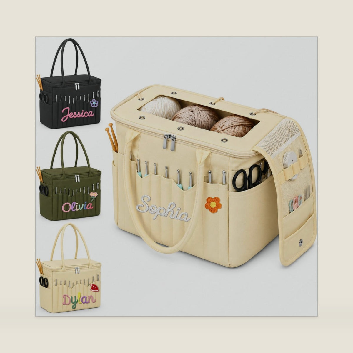 Personalized Knitting Bag with Rope Name, Large Crochet Bag Organizer Tote