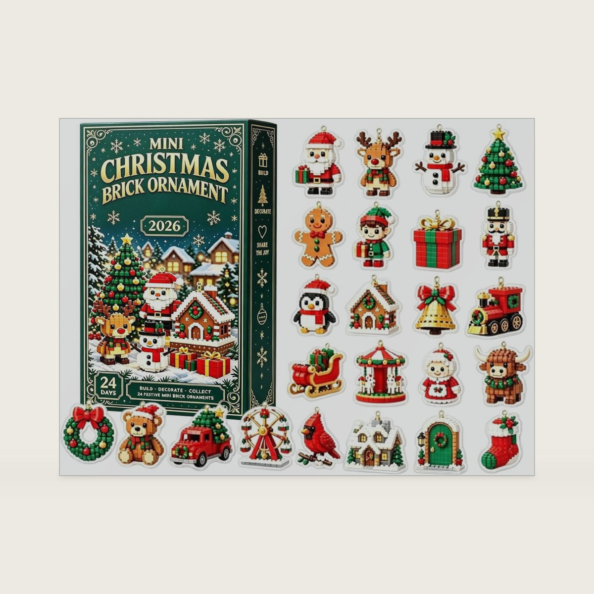 Mini Christmas Brick Ornaments Advent Calendars, 24-Day 2D Acrylic