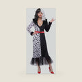 Women's Cruella De Vil Costume Adult Dalmatian Villain Dress with Belt & Black White Wig