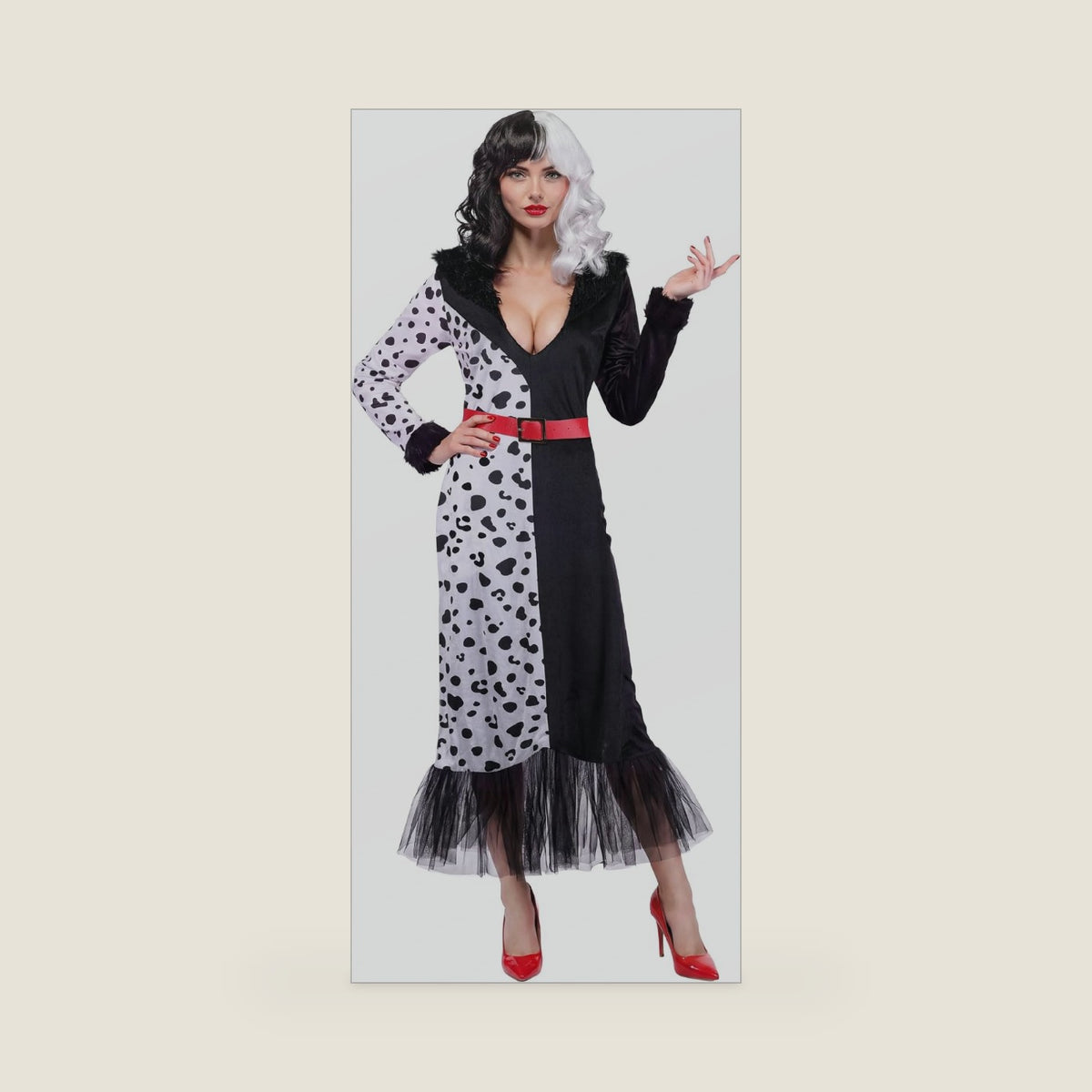 Women's Cruella De Vil Costume Adult Dalmatian Villain Dress with Belt & Black White Wig